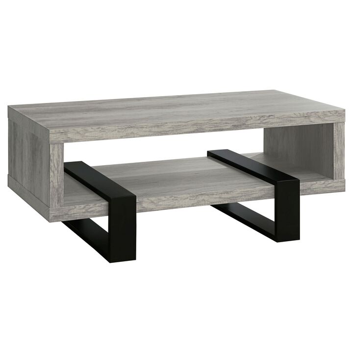 Modern Driftwood Open Shelf Coffee Table, Gray and Black - Benzara