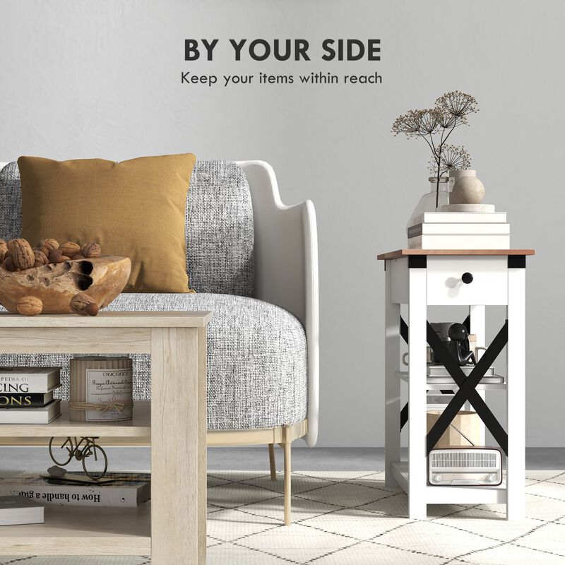 White End Side Table: Charging Station, 2 USB, 1 Outlet, 11.75" x 23.5" x 24.5"