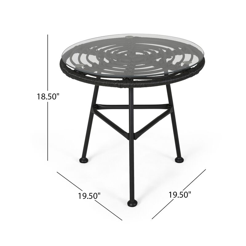 Tee Outdoor Side End Table, 20 Inch Rattan Weave with Glass Top, Gray - Benzara