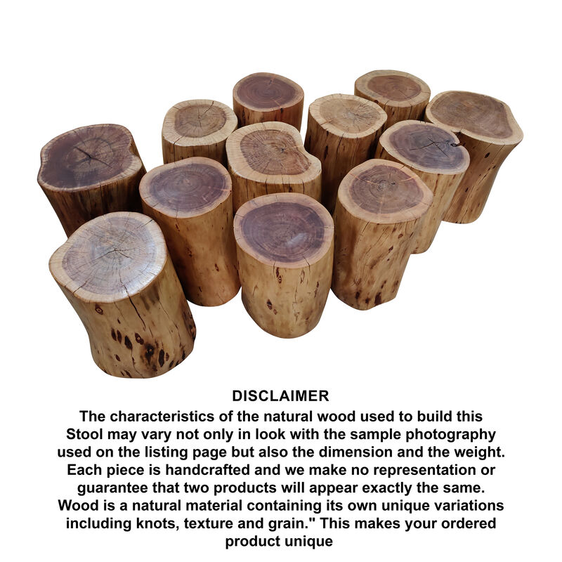 17 Inch Accent Stump Stool End Table, Live Edge Acacia Wood Log with Grain and Knot Details, Natural Brown-Benzara