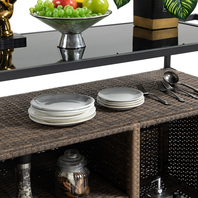 Outdoor Wicker Bar Cart with Glass Top