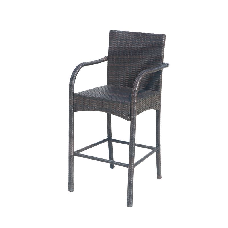 Outdoor Barstool Chair Set of 2, Gray Woven Faux Rattan, Iron Frame -Benzara