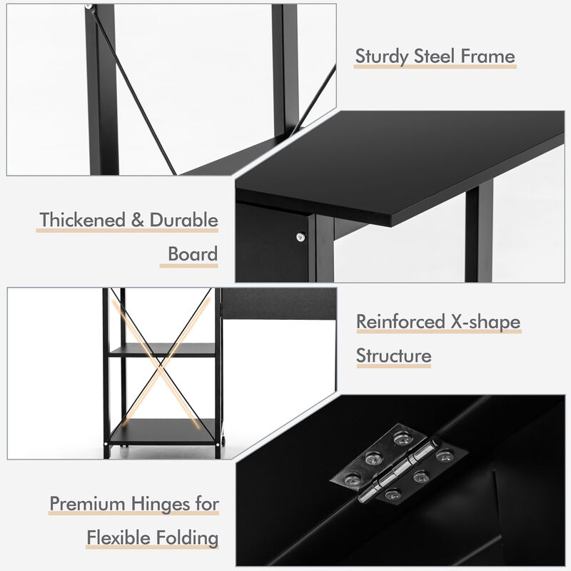 Costway Rolling Computer Desk Folding Writing Office Desk Storage Shelves Black