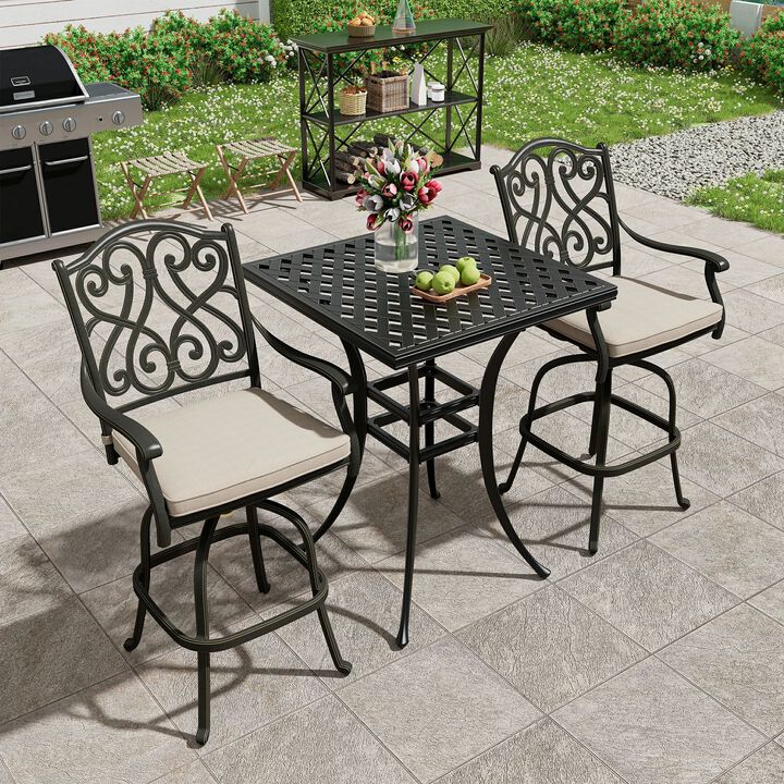 Mondawe3-Piece Patio Bistro Set Cast Aluminum 2 High Bar Swivel Chairs with Cushion and 1 Square Table