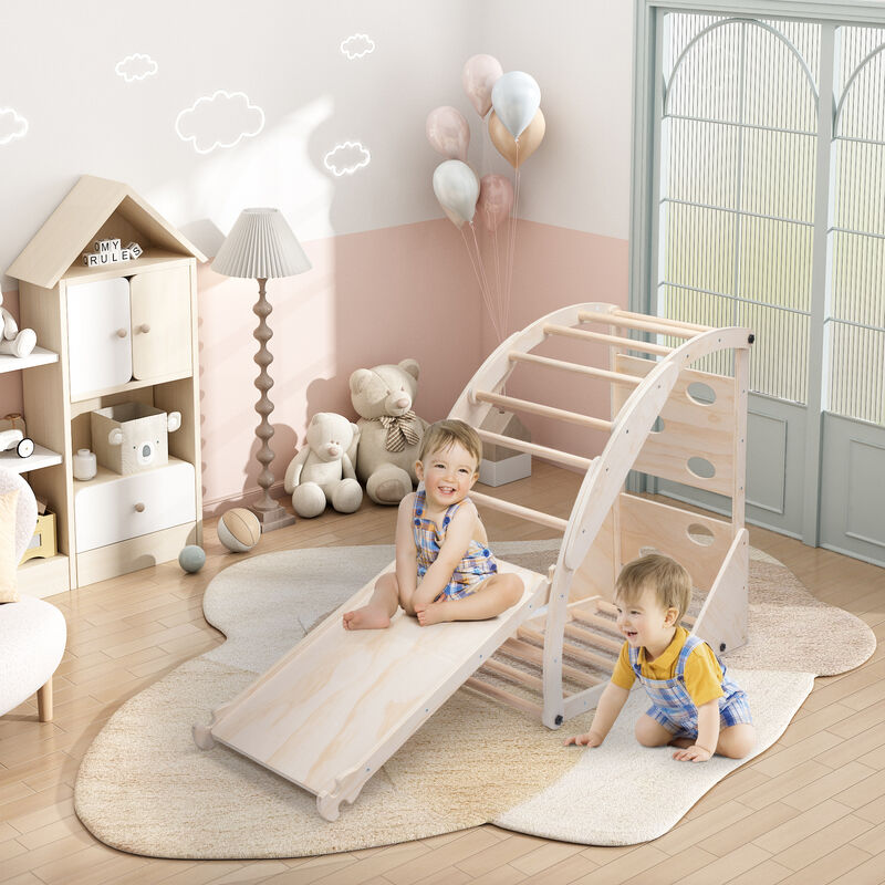 Pikler Triangle Set, Foldable Wooden Climbing Triangle Ladder with Ramp for Toddlers, Natural Wood