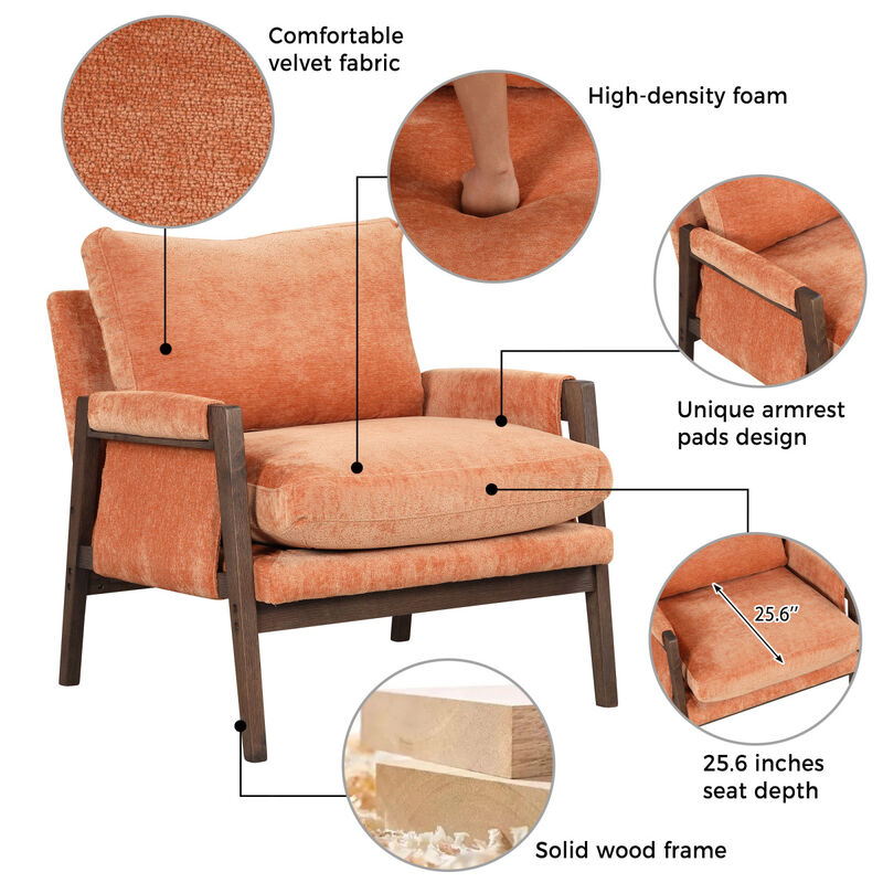 Mid-Century Modern Velvet Accent Chair, Leisure Chair With Solid Wood And Thick Seat Cushion