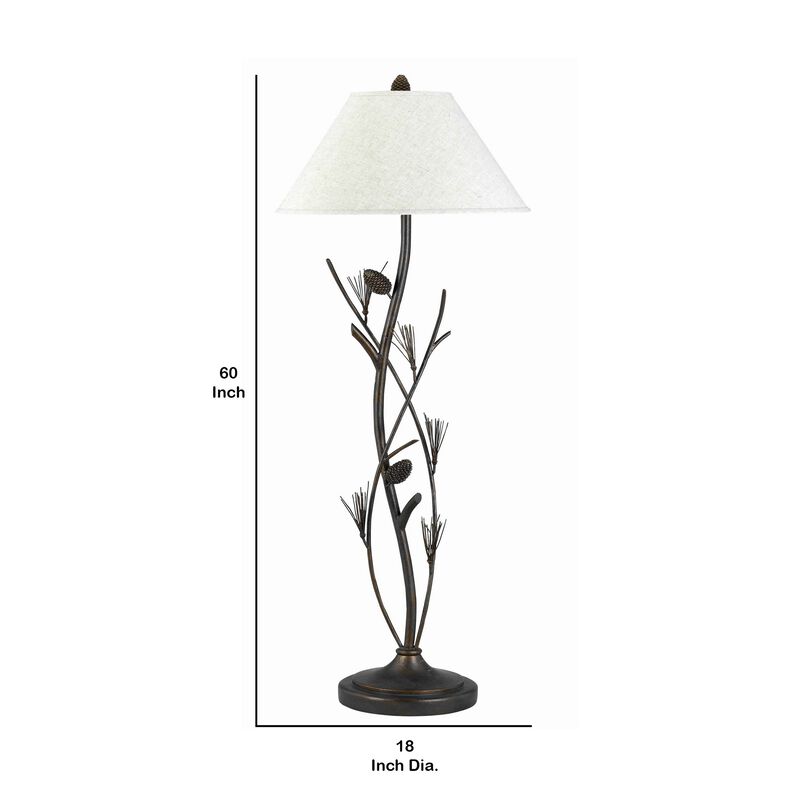 Pine Twig Accent Metal Body Floor Lamp with Conical Shade, Bronze and White-Benzara