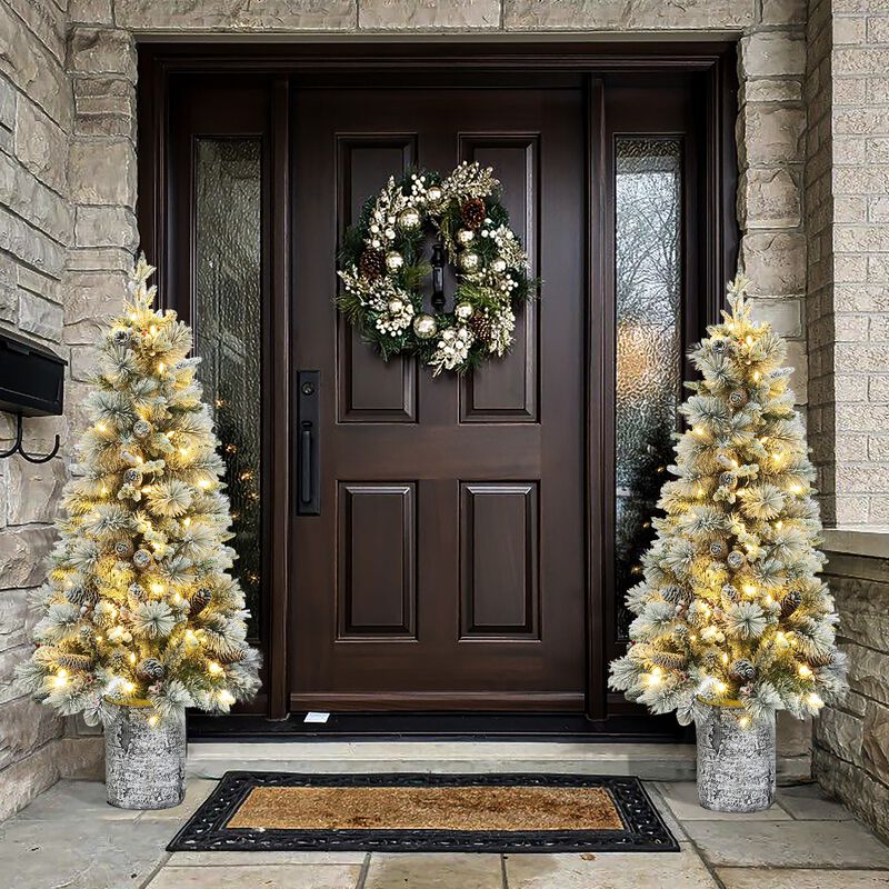 LuxenHome 4Ft Pre-Lit Green Flocked Potted Artificial Christmas Tree