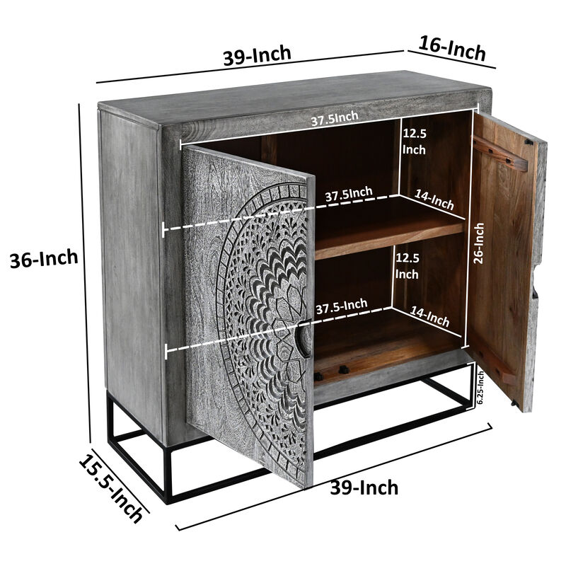 39 Inch Handcrafted Accent Cabinet with 2 Doors, Medallion Engraved, Sandblasted Gray Mango Wood, Black Iron Framed Stand-Benzara
