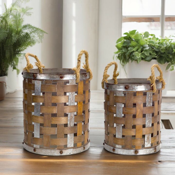 Pail with Rope Handle for Stylish Storage and Garden Décor (Set of 2)