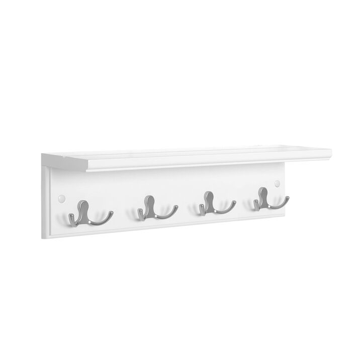 Entryway Hanging Coat Rack, with 4 Double Hooks, Wall Floating Shelf, White