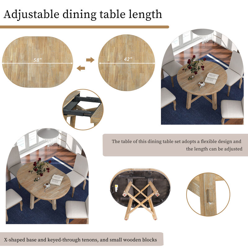 Farmhouse Round Extendable Dining Table With 16 Leaf Wood Kitchen Table
