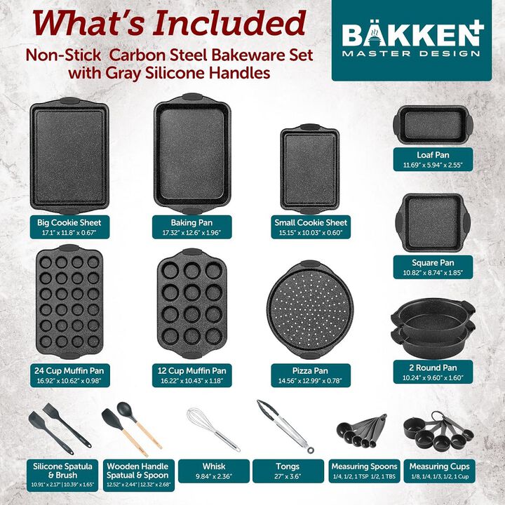 18-Piece Kitchen Oven Baking Set: Nonstick Gray Marble Coating, Carbon Steel Bakeware, Silicone Handles, Dishwasher Safe, Professional Quality, PFOA-Free