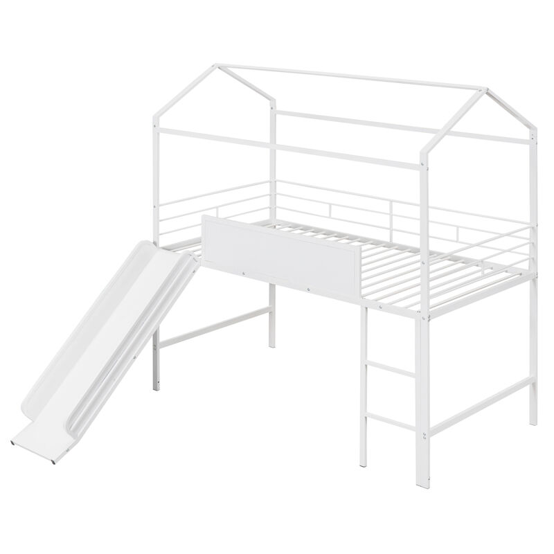Metal House Bed With Slide, Twin Size Metal Loft Bed With Two-Sided Writable Wooden Board