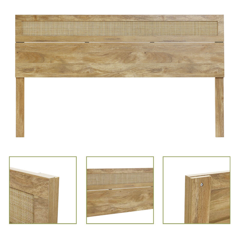 LuxenHome Oak Finish Manufactured Wood with Natural Rattan Top Headboard, King