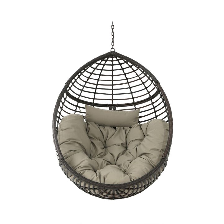 Jaya Outdoor Hanging Chair, Basket Shape, Khaki Brown Rattan, 47 Inch - Benzara