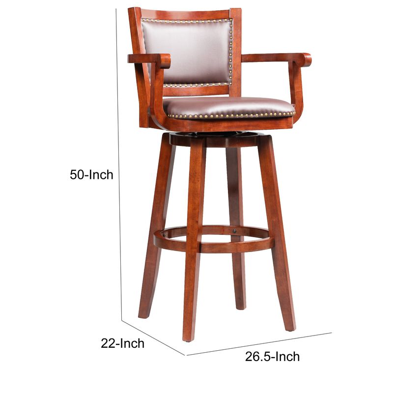 Hugo 34 Inch Swivel Barstool, Wood, Open Rolled Arms, Bonded Leather, Brown-Benzara