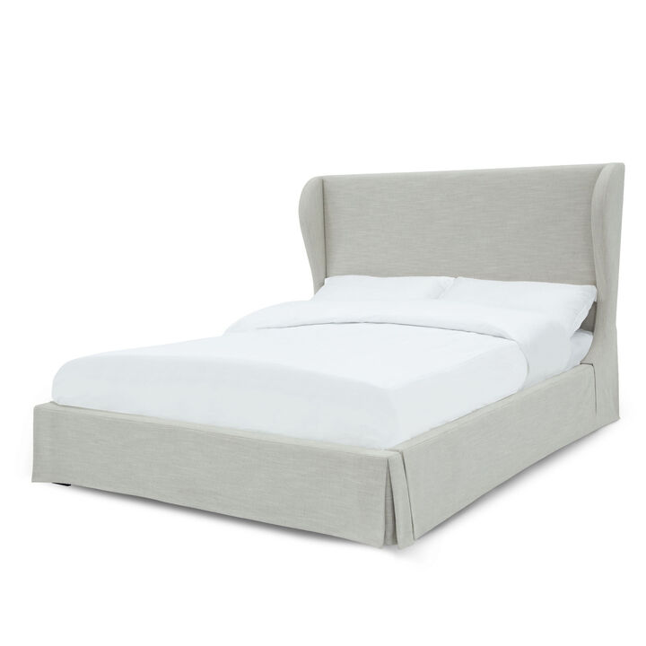 Shia Upholstered Storage California King Bed, Wing Headboard, Skirt, Beige - Benzara