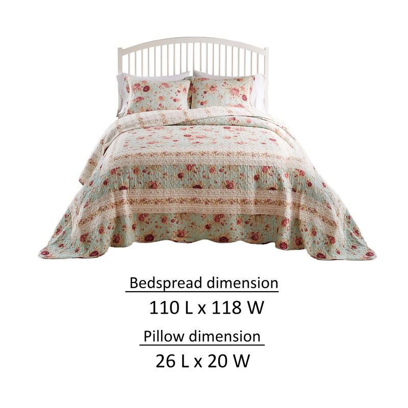 Rosle 3pc Queen Bedspread Set, 2 Shams, Reversible Rose Print, Blue Cotton
