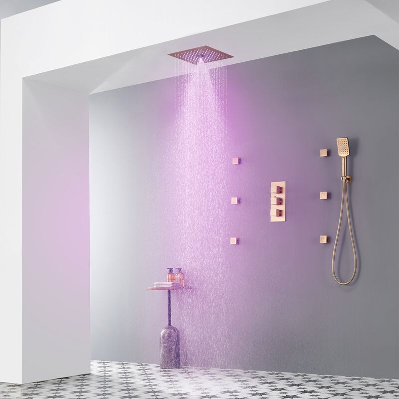 Mondawe 64 Colors LED Light 3 Functions 6 Sprays Flush Ceiling Mounted Thermostatic Shower System with 6 Body Jets and Rough-in Valve in Brushed Gold