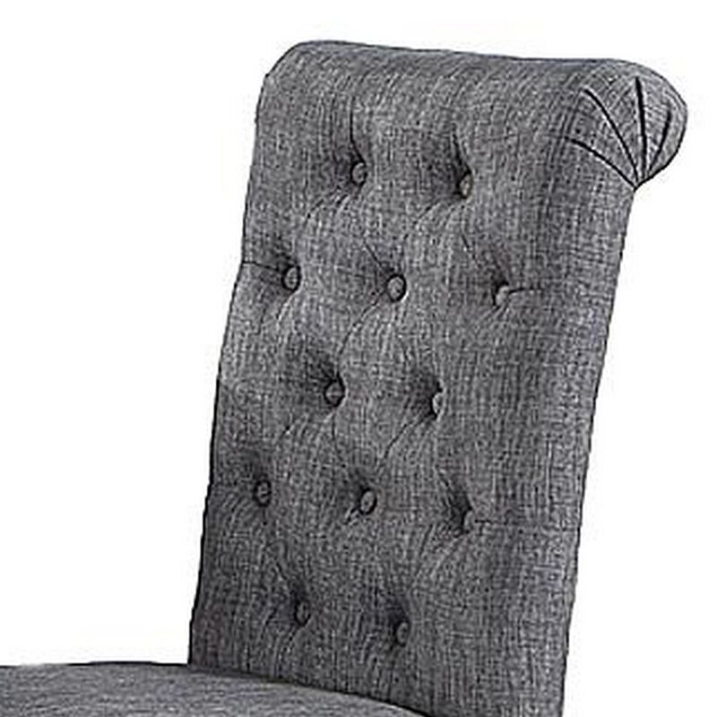 Jie 25 Inch Dining Chair, Tufted Gray Upholstery, Rolled Top, Black Wood - Benzara