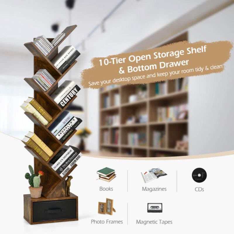 Hivvago 10-Tier Bookshelf with Drawer Free-standing Storage Bookcase