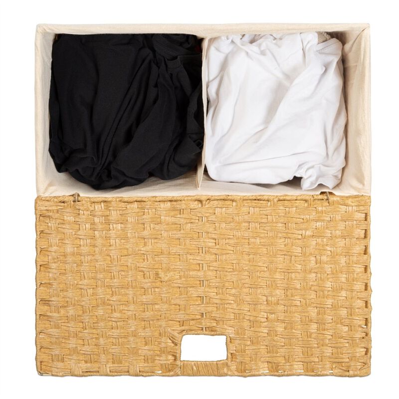 Hivvago Folding 2-Bin Natural PE Wicker Linen Liner Laundry Hamper w/ Handles