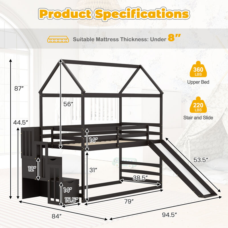Twin over Twin Bunk Bed with Slide and 2-Step Storage Staircase