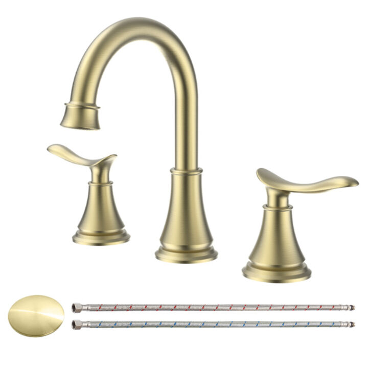 Luxury Brushed Gold Widespread Bathroom Faucet, 2-Handle Lavatory Sink Tap with 360° Swivel Spout
