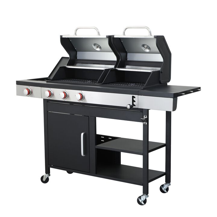 MONDAWE 3-Burner Propane Gas BBQ Grill with Side Burner, combined with charcoal grill, 37230BTU Output With Enameled Cast Iron Cooking Grids For Outdoor Barbecue, Stainless Steel