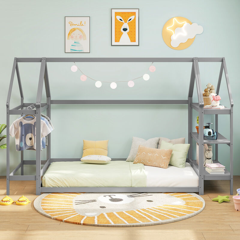 Montessori Floor House Bed with Detachable Storage Shelves