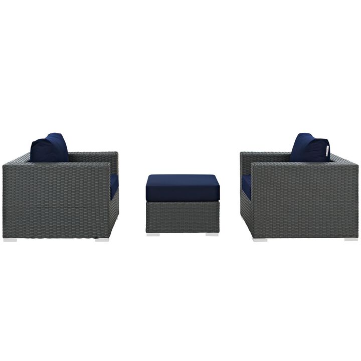 Sojourn Outdoor Patio Furniture Set - Ottoman & Armchairs with Sunbrella Cushions, UV Protection, and Aluminum Frame