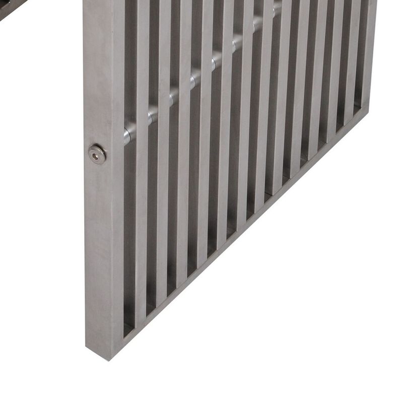 Meza 17 Inch Accent Stool, Waterfall Silver Slatted Panel Frame - Benzara