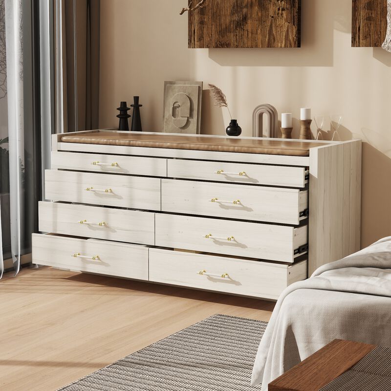 FUFU&GAGA 8-Drawer Bedroom Island Storage Cabinet, White Finish with Wood Grain, Gold and White Handles (66.5" W x 23.6" D x 31.5" H),White