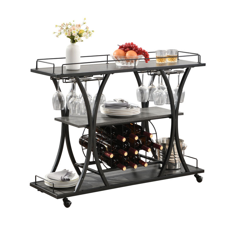 Industrial Bar Cart Kitchen Bar Serving Cart For Home With Wheels 3 - Tier Storage Shelves