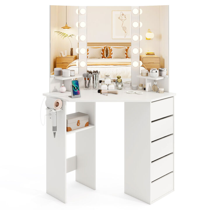 Corner Vanity Desk with 3-Color LED Lighted Mirror and Power Outlet