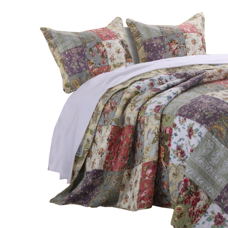 Chicago 3 Piece Fabric Full Bedspread Set with Jacobean Prints, Multicolor - Benzara
