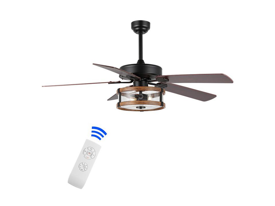 Joanna 2-Light Rustic Industrial Iron/Wood/Seeded Glass Mobile-App/Remote-Controlled LED Ceiling Fan