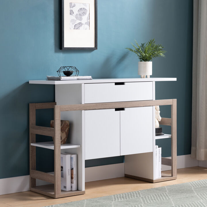 White & Dark Taupe Buffet Bookcase with 4 Open Shelves, 2 Door Cabinet and Drawer