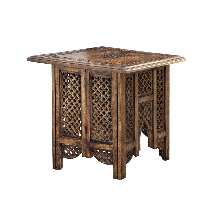 21 Inch Boho Side End Table, Floral Carved Details, Foldable Panel Legs, Natural Walnut Brown - Benzara