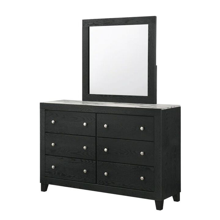 Benjara YOH 57 Inch Wide Dresser with Mirror, 6 Drawers, Round Handles, Wood, Black and Silver