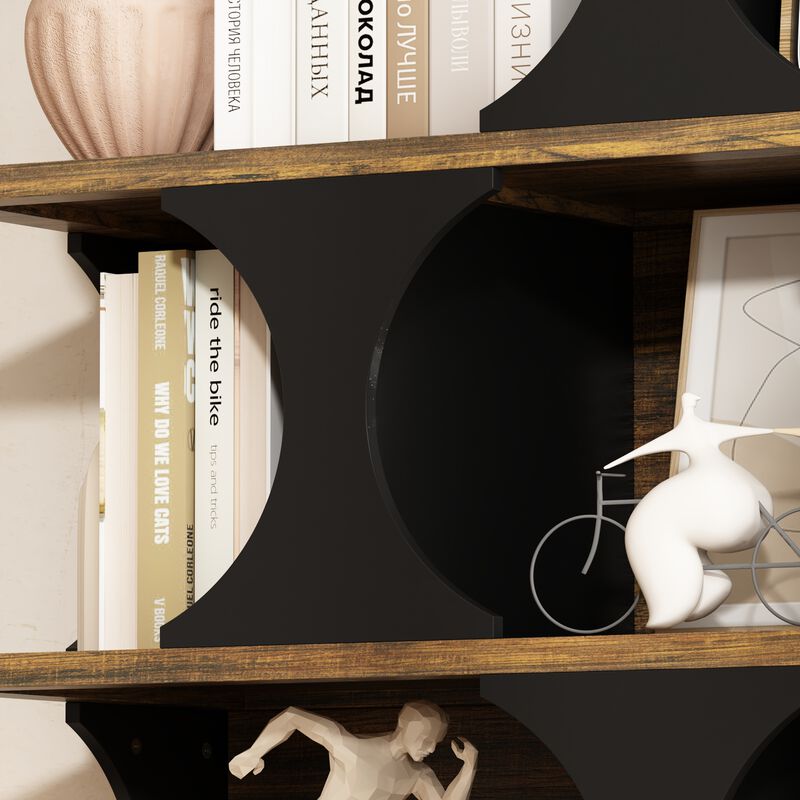 FUFU&GAGA 4-Tier Curved Bookcase - Vintage Walnut Texture, Black Matte Finish, Space-Saving Arched Shelf for Living Room, Office & Bedroom, (43.3" W x 15.7" D x 60" H), Vintage Walnut