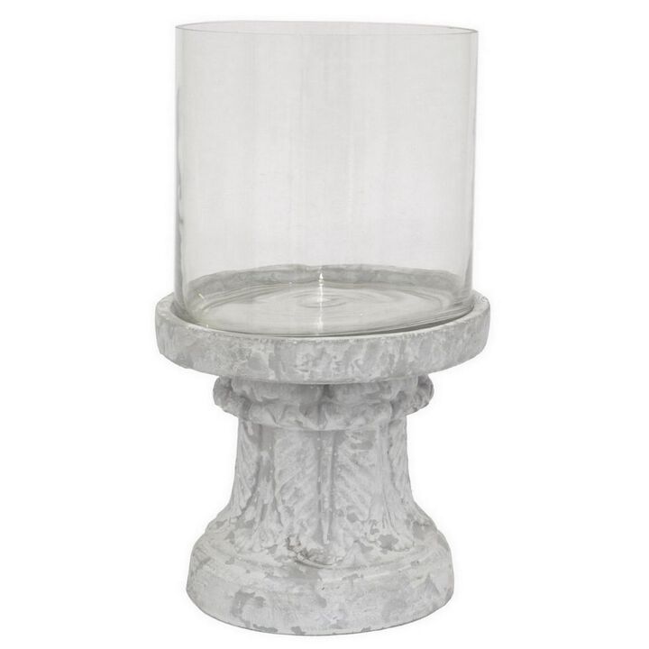 Kris Candle Holder, Hurricane Glass Top, White Gray Ceramic 14 Inch - Benzara