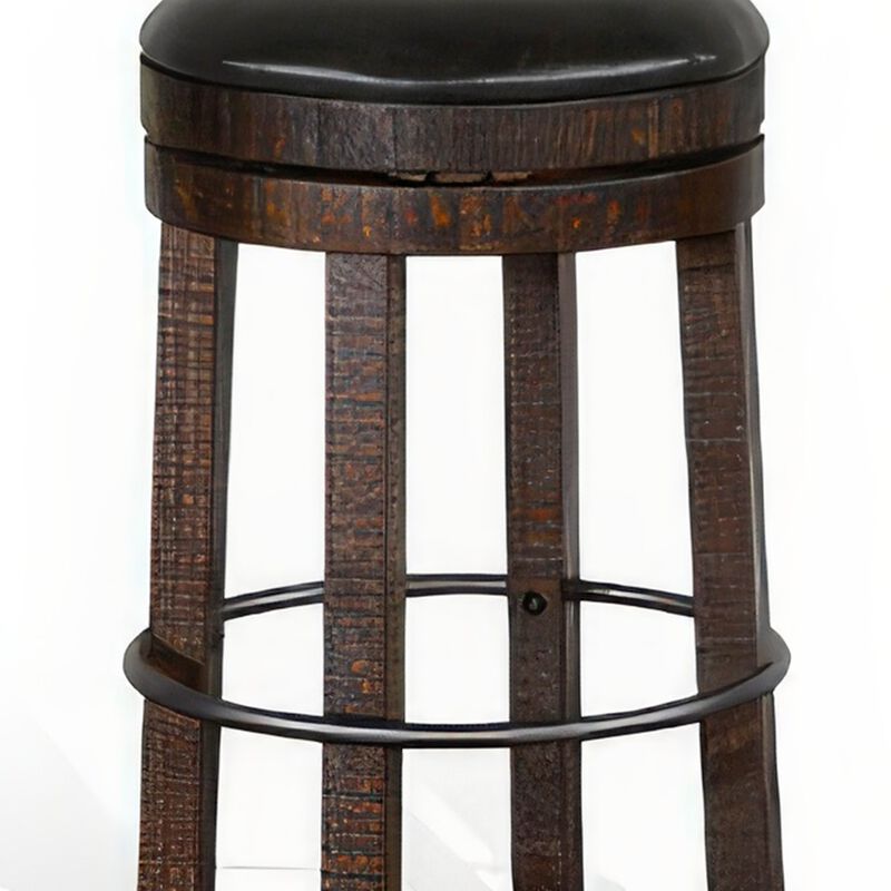 Flint Swivel Barstool Set of 2, Black Faux Leather, Dark Brown Wood - Benzara