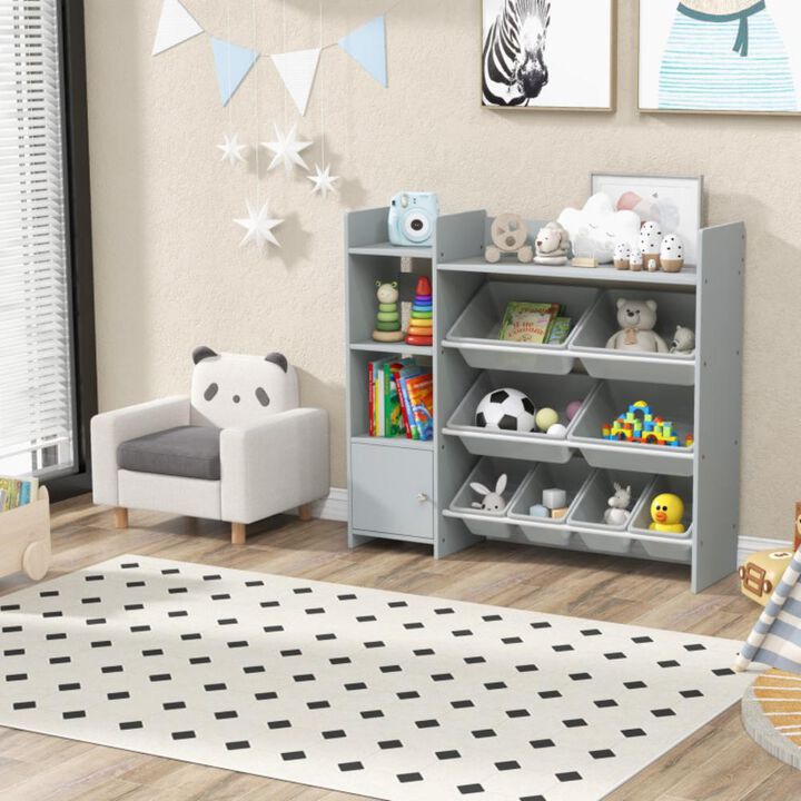 Hivvago 4-Tier Kids Bookshelf and Toy Storage Rack with 8 Toy Organizer Bins-Grey