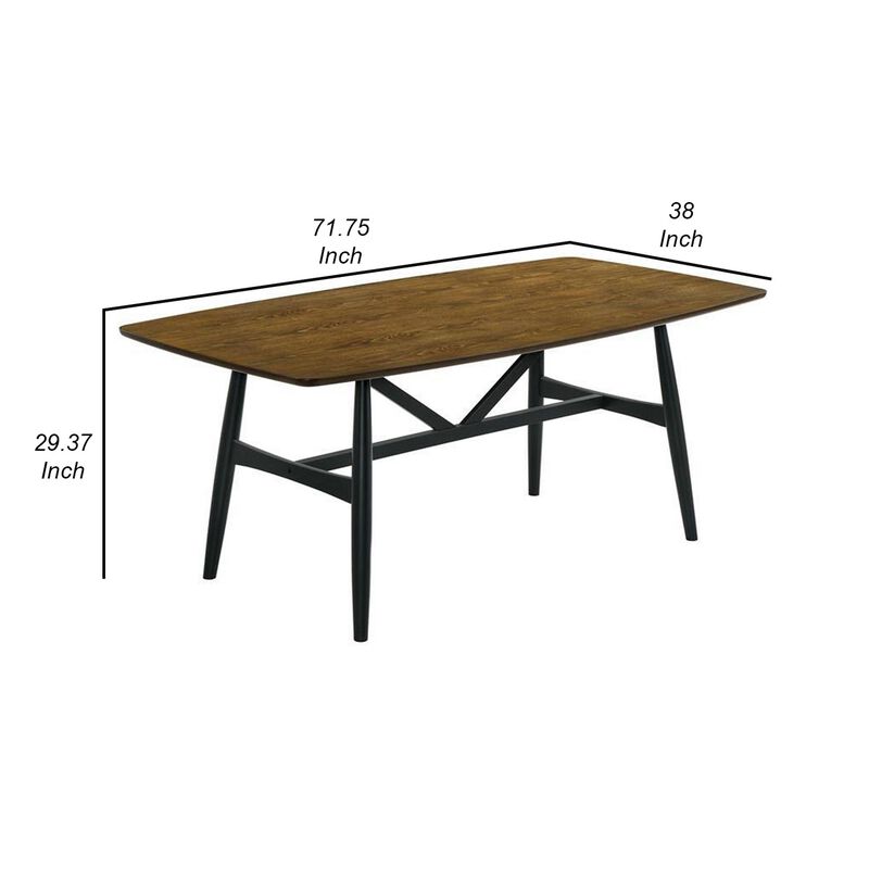 Riera 72 Inch Two Tone Dining Table, Brown Plank Top, Black Trestle Base  - Benzara