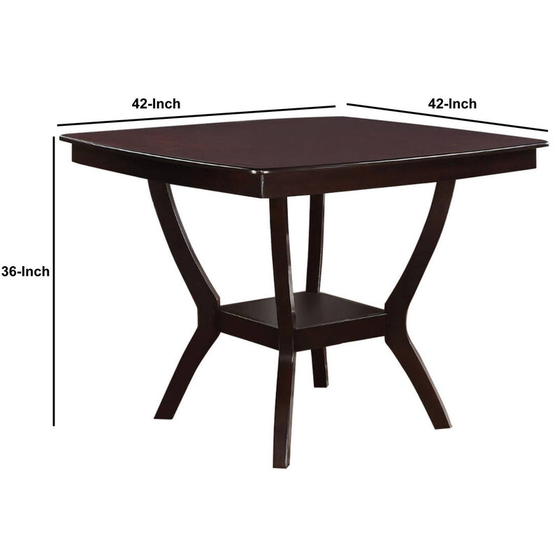 Square Shaped Wooden Counter Height Table With Bottom Shelf Brown-Benzara