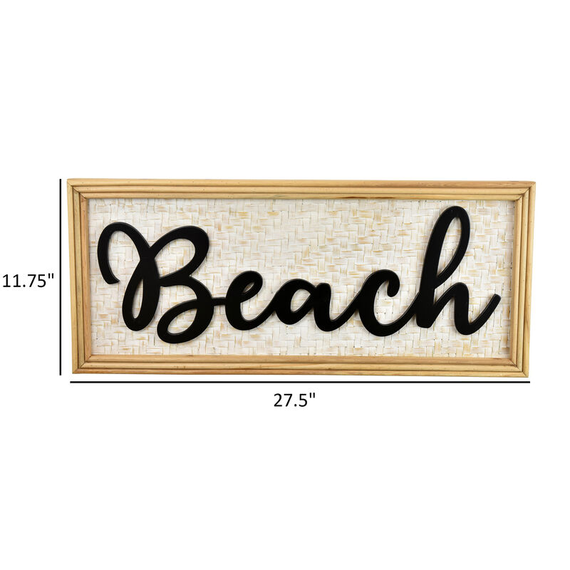Beach Wall Decor Sign, 28 Inch White Woven Wood Frame, Black - Benzara
