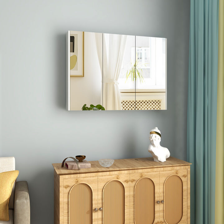 Frameless Bathroom Wall Mounted Mirror Cabinet with 3 Doors and Adjustable Shelves