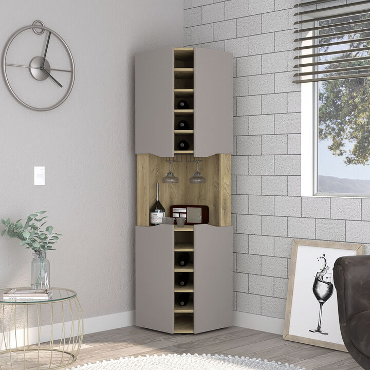 DEPOT E-SHOP Mecca Corner Bar Cabinet, Ten Built-in Wine Rack, Macadamia / Taupe
